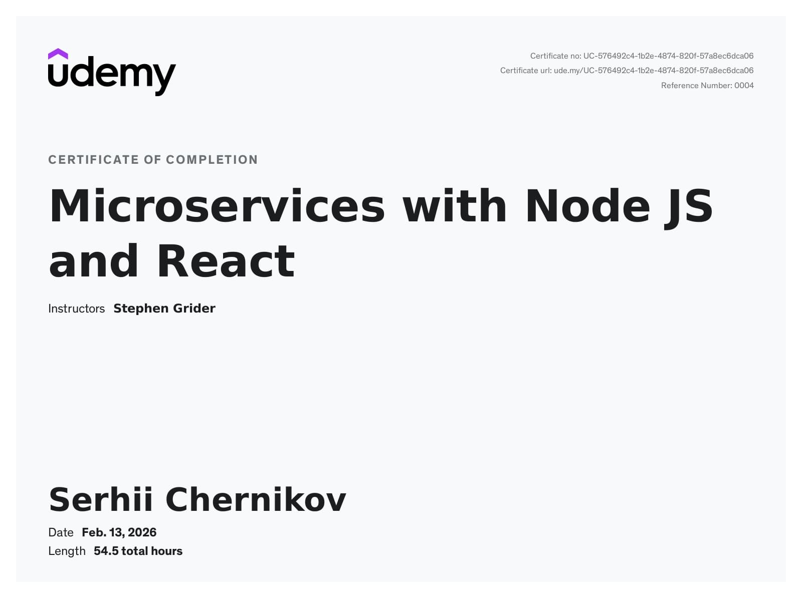 Microservices with NodeJS and React certificate