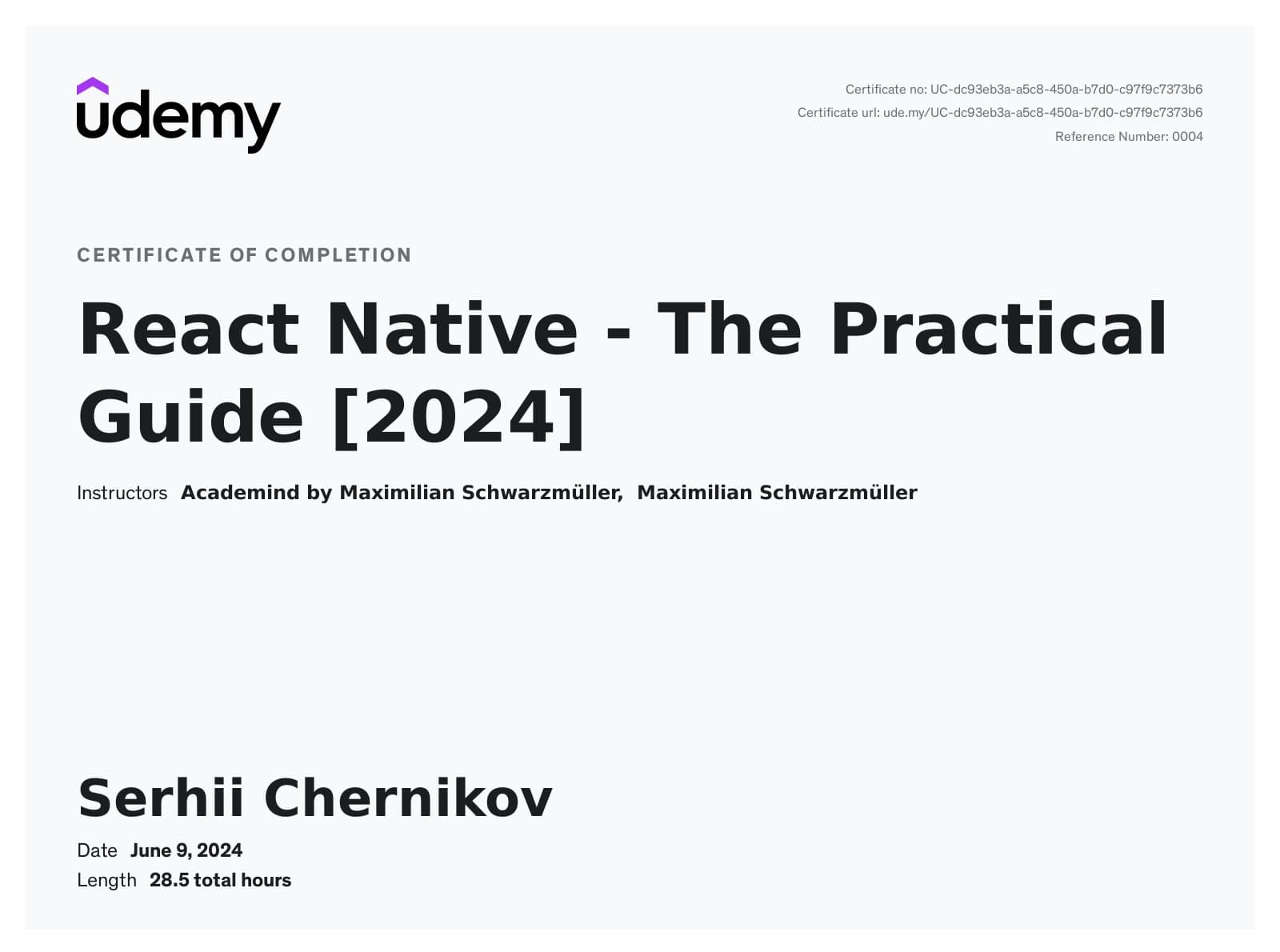 React Native Practical Guide certificate