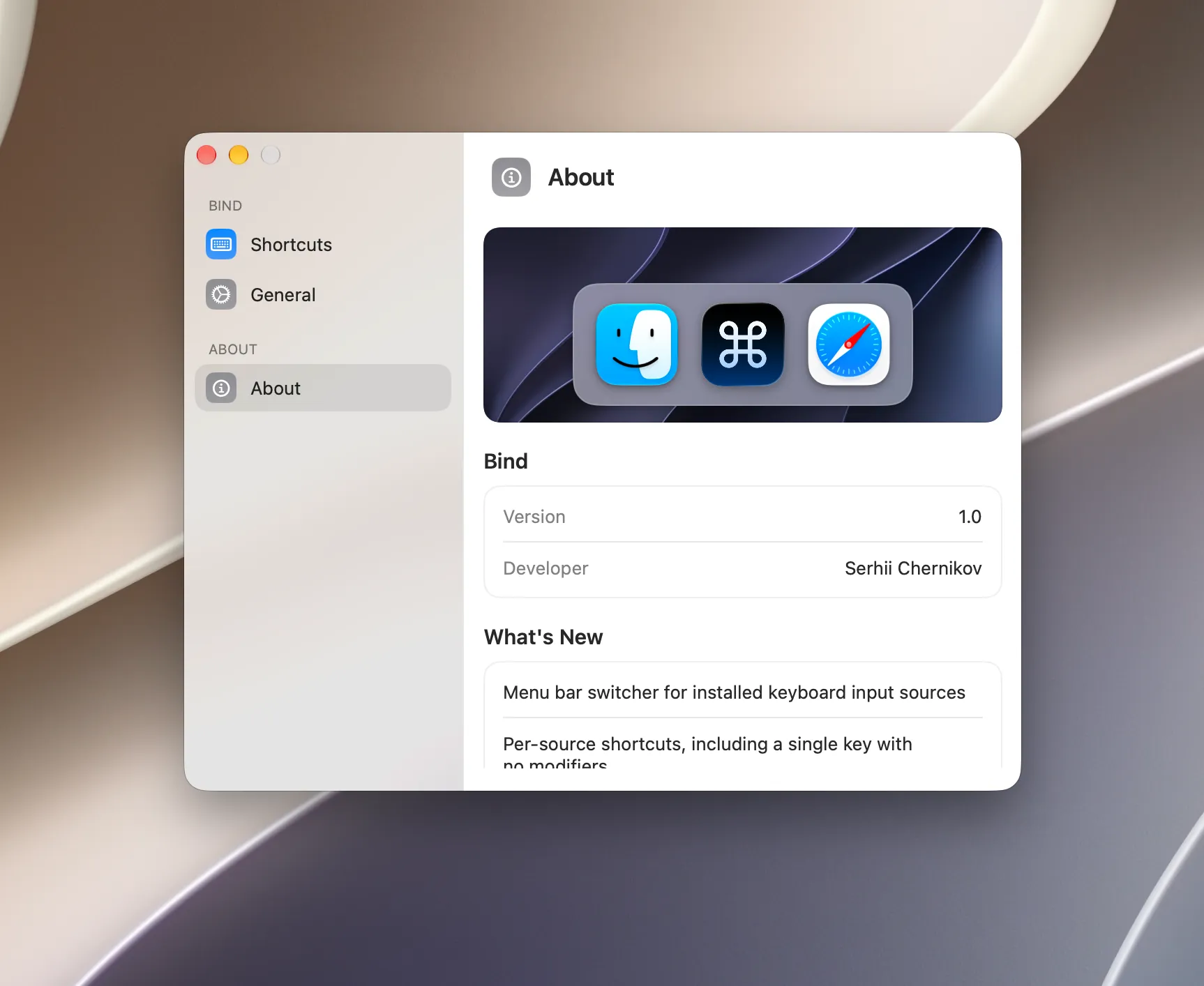 Bind Settings About tab with the app icon, version 1.0, and What's New notes