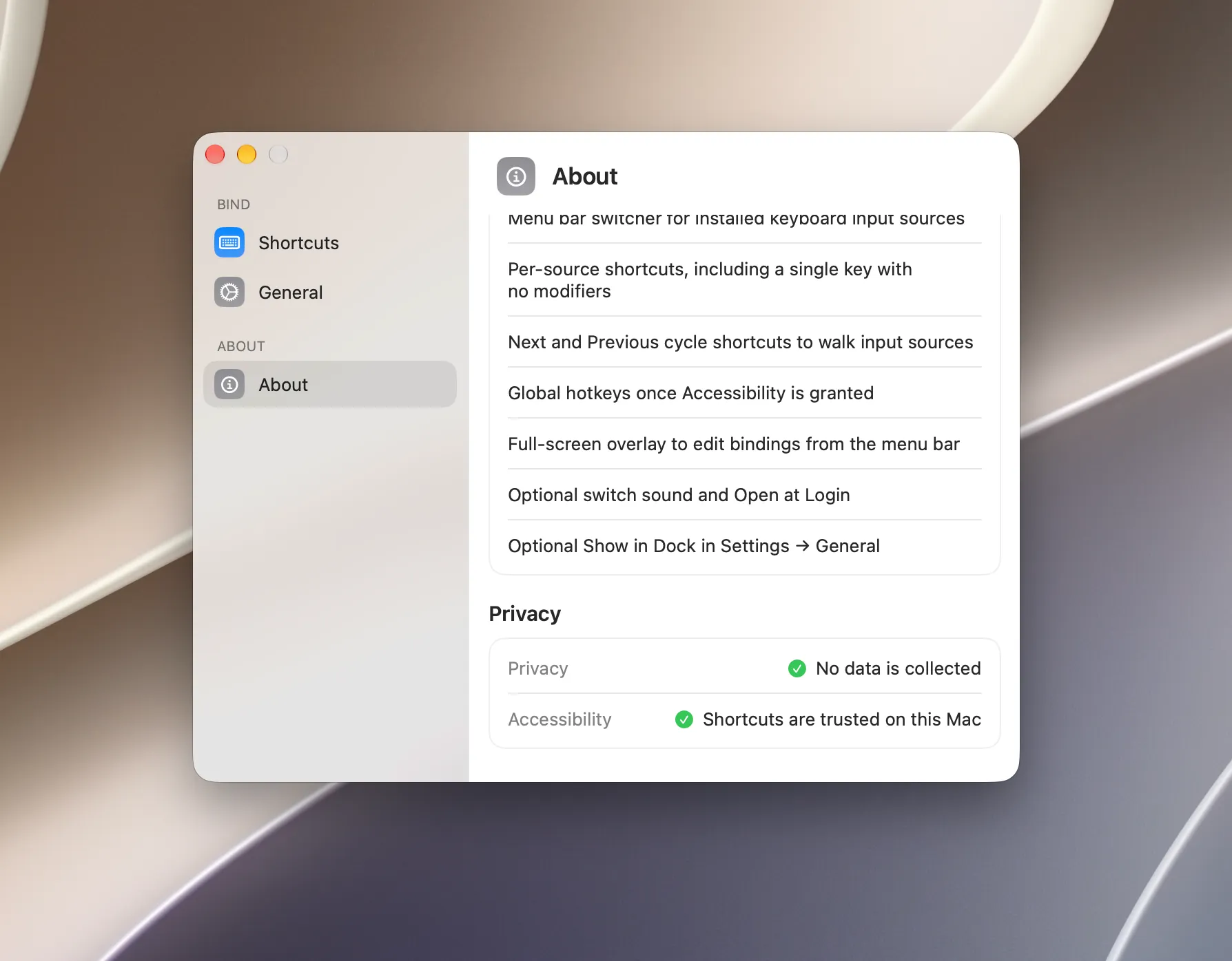 Bind Settings About tab scrolled to What's New and Privacy, showing that no data is collected