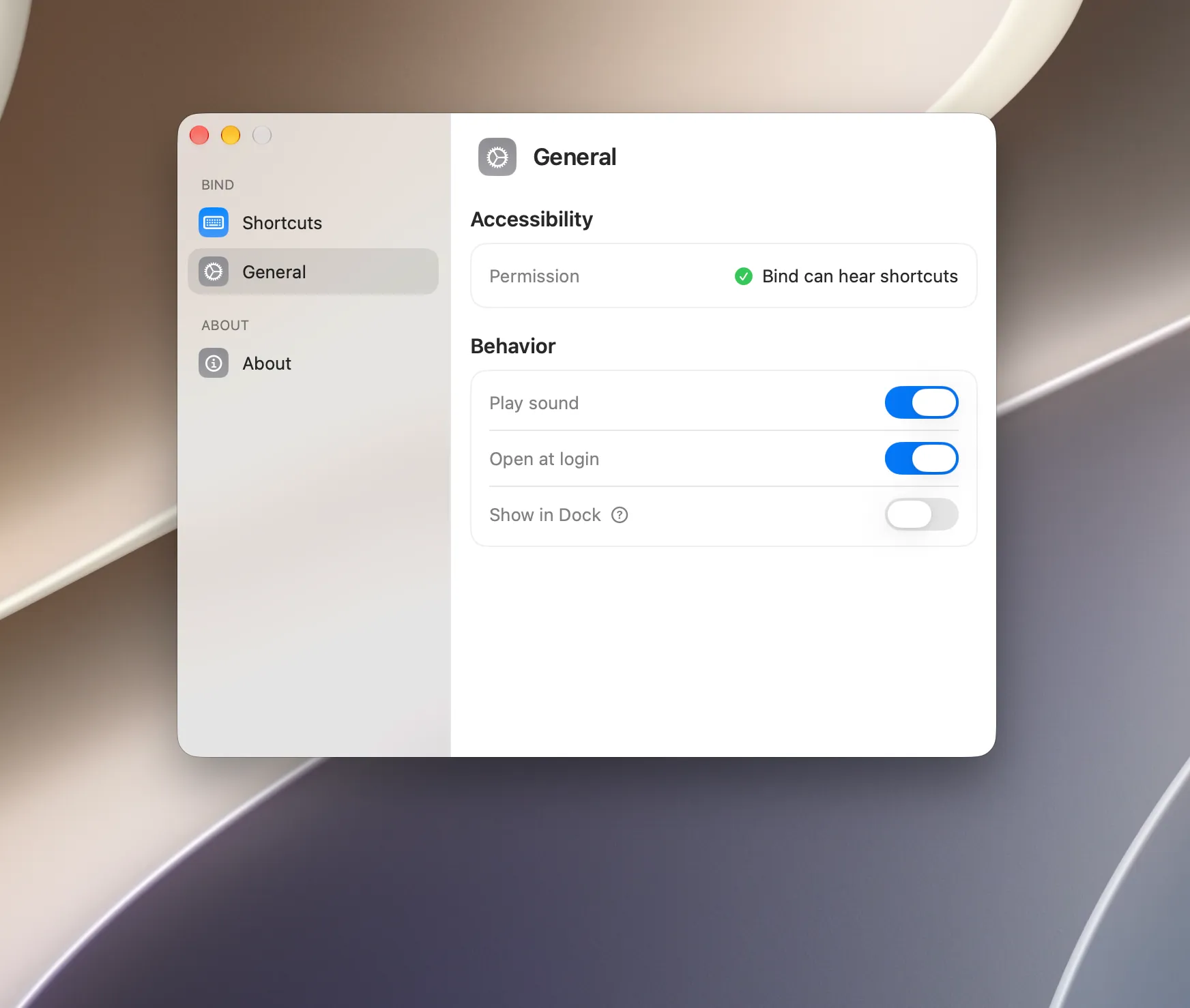 Bind Settings General tab showing Accessibility granted, play sound, open at login, and show in Dock turned off