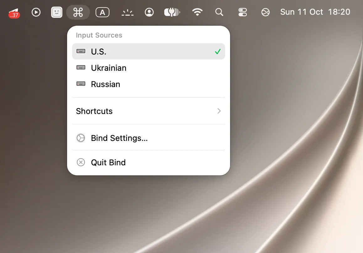 Bind menu bar panel listing keyboard input sources, with shortcuts, settings, and quit actions