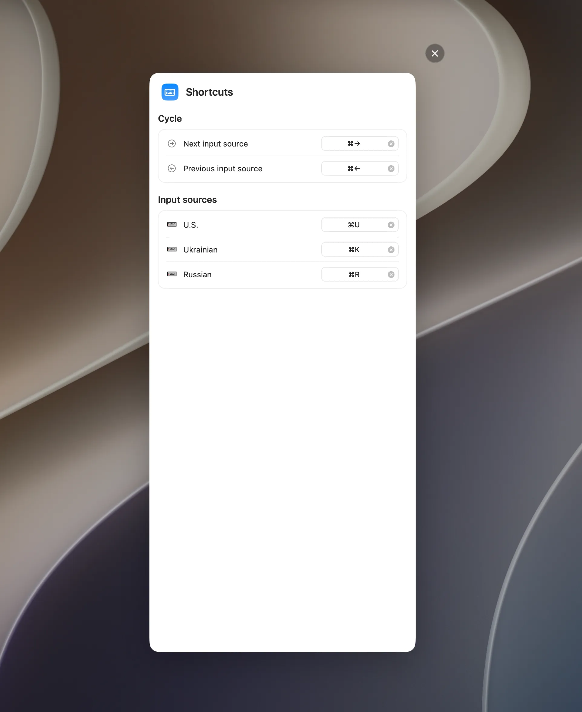 Full-screen Bind shortcuts overlay opened from the menu bar, with cycle bindings and per-source shortcut recorders
