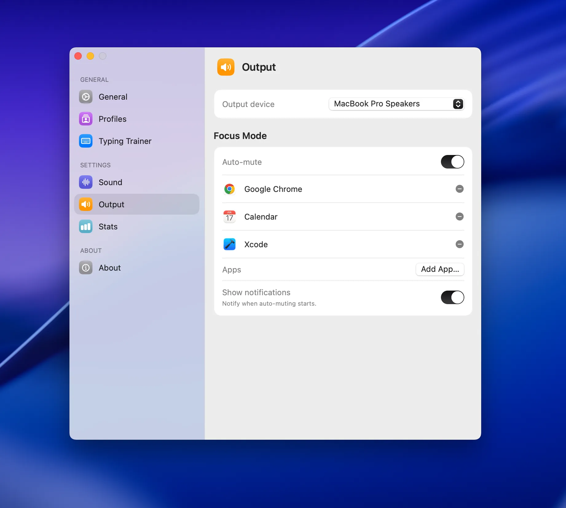 Output Tab Settings Window